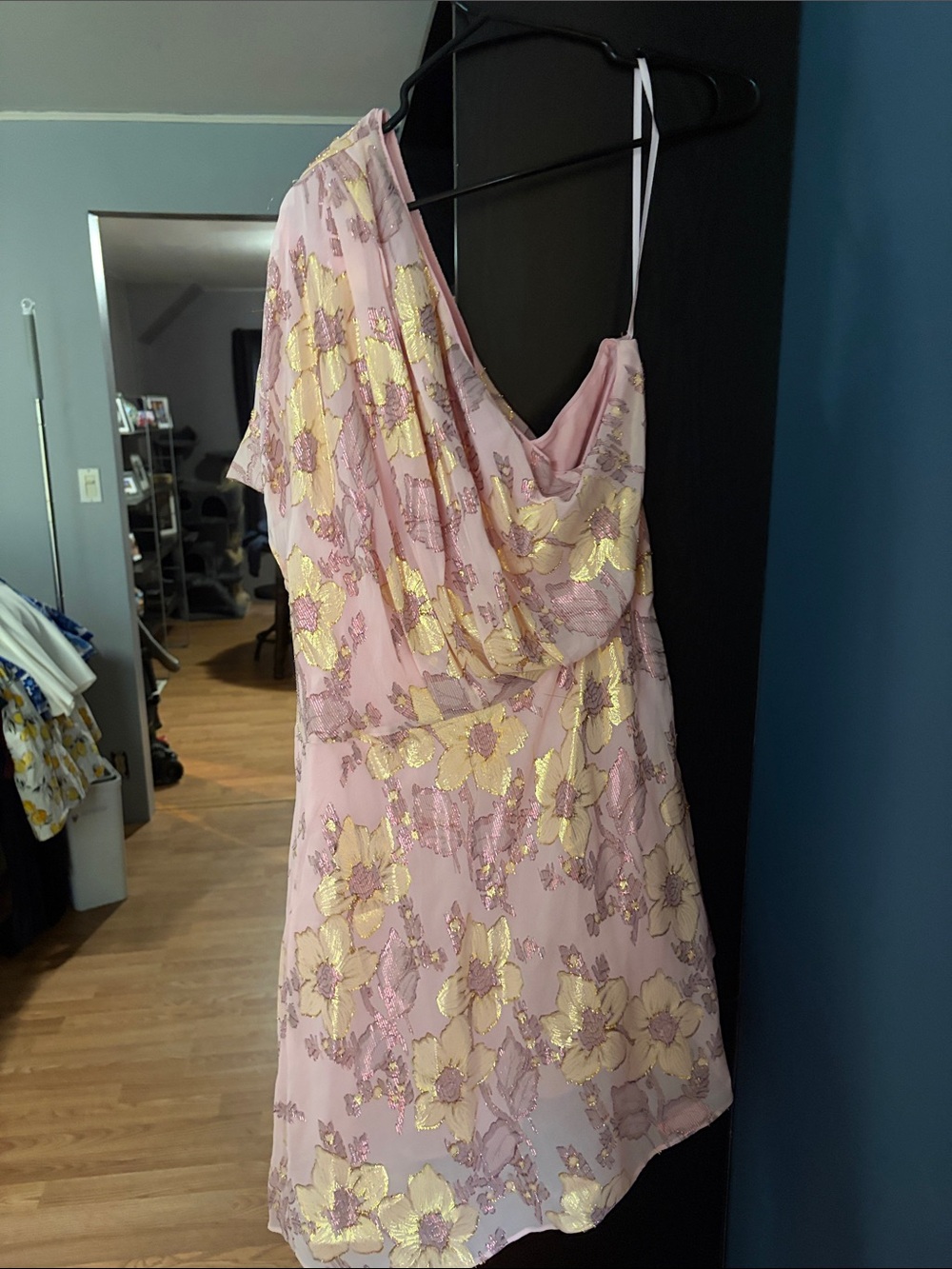 7 For All Mankind Pink One-Shoulder Dress with Gold Floral Accents